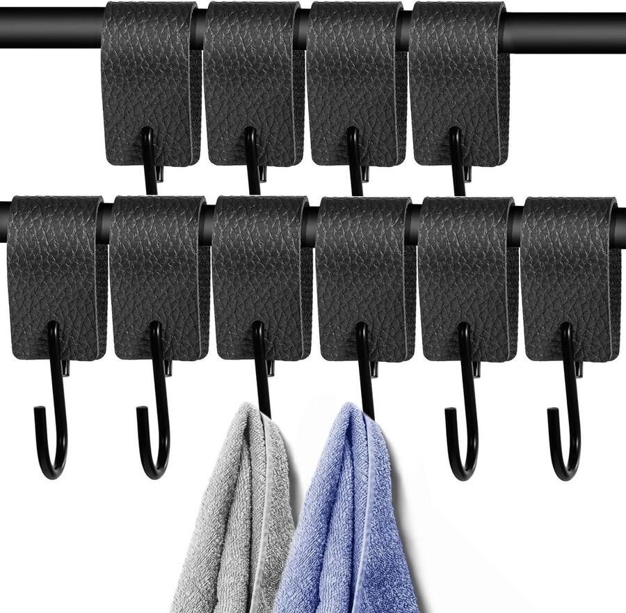 Allecto Plus S Haken Set van 10 Zwarte Haken met Leren Lus Metalen Haken voor Kledingrek Keuken Badkamer Organizer Duurzame Jashaken