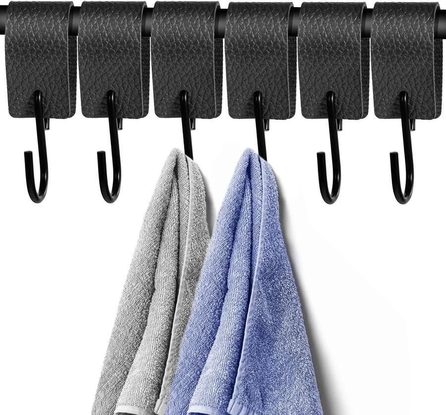 Allecto Plus Haken Pak van 6 stuks S Haken Zwart Lus Jashaken Metalen Haken voor Kledingrek en Badkamer Handige S-haken met Leren lus Multifunctionele Keuken- en Badkamerhaken