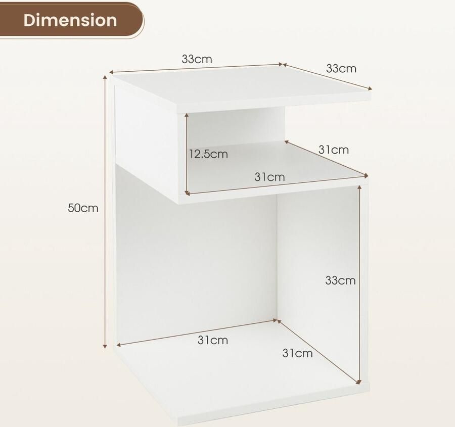 S-vormige Bijzettafel – Modern Nachtkastje met 2 Open Compartimenten Wit Walnoot Natuurlijk