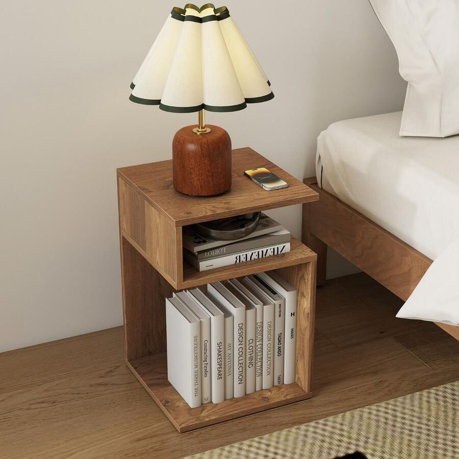 S-vormige Bijzettafel – Modern Nachtkastje met 2 Open Vakjes Wit Walnoot Natuurlijk