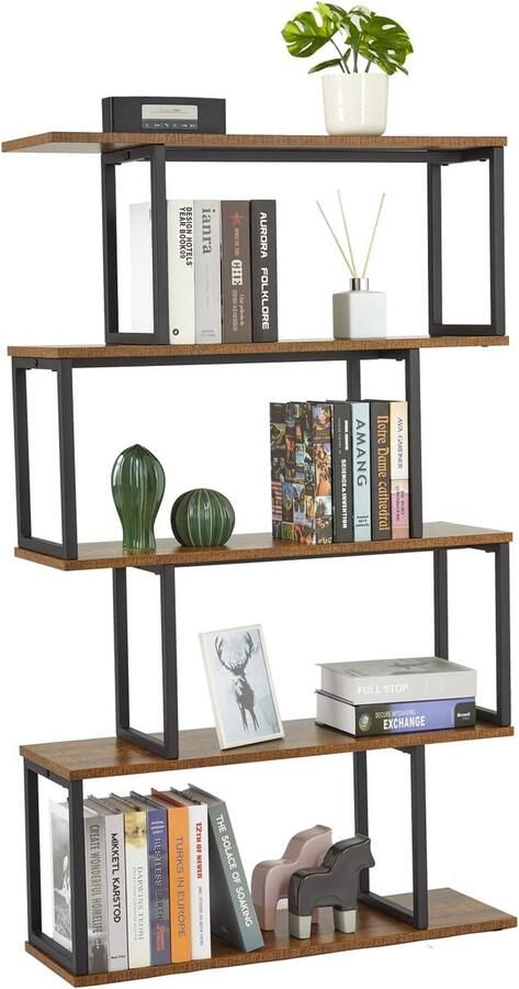 S-vormige Boekenkast met 4 Niveaus Houten Opbergrek voor Woonkamer en Kantoor Industrieel Design 74 x 24 x 128 cm