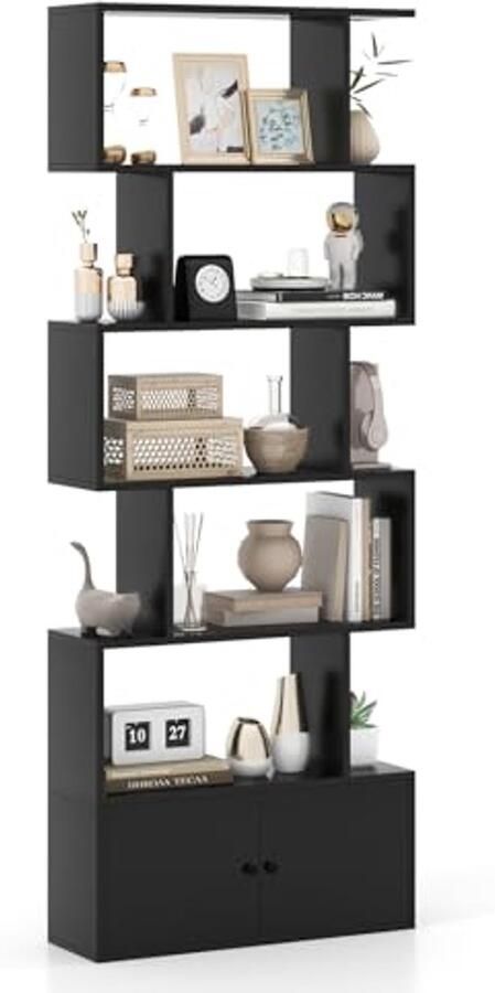 S-vormige Boekenkast met 5 Niveaus Houten Opbergrek voor Woonkamer en Kantoor