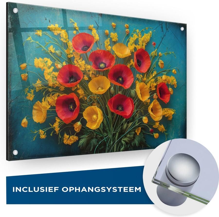 Saammp glasschilderij Bloemen op tafel Kleurrijk Botanisch Abstract Natuur 75x50 5mm Plexiglas schilderij Foto op glas Muurdecoratie Wanddecoratie Woonkamer
