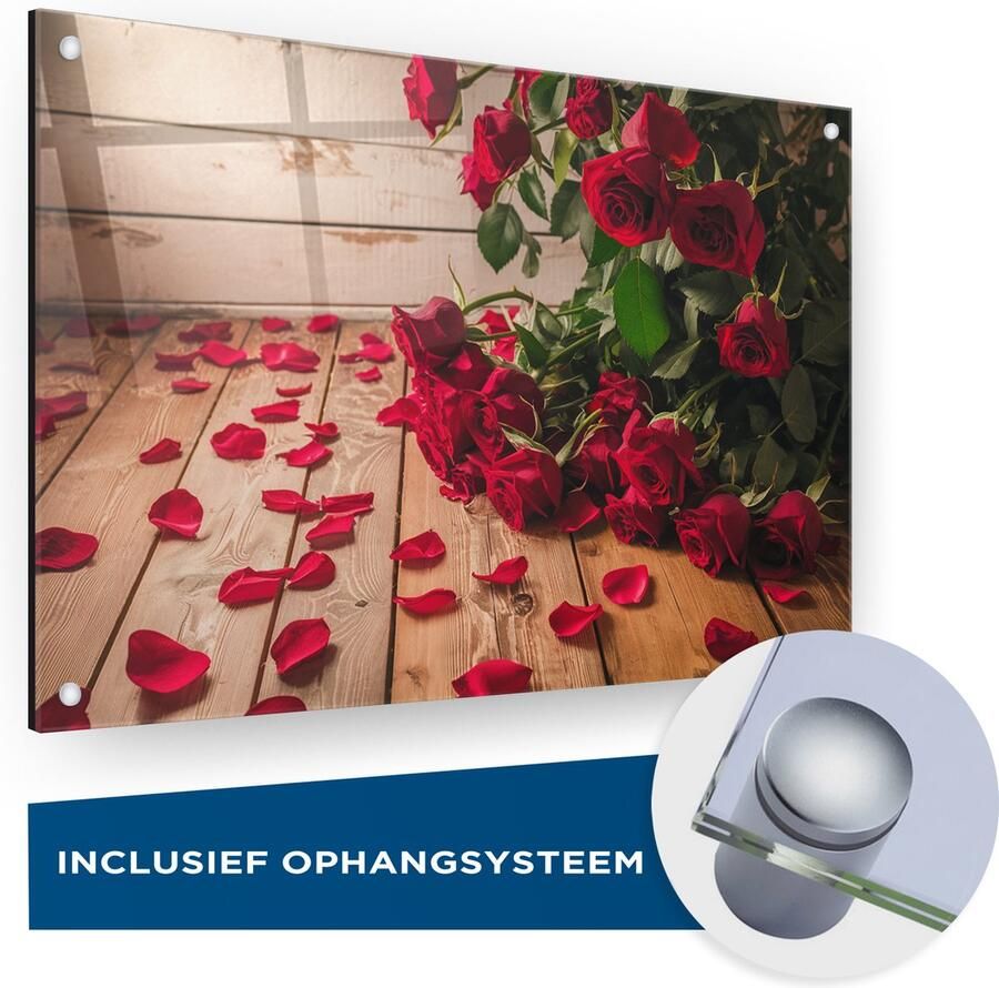 Saammp glasschilderij Rozen op tafel Botanisch Natuur 120x80 Bloem Plexiglas schilderij Foto op glas Muurdecoratie Wanddecoratie Woonkamerdecoratie