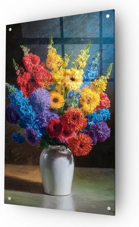Saammp glasschilderij Stilleven Bloemen op tafel Gekleurd Natuur 100x150 Bloemen Plexiglas schilderij Foto op glas Muurdecoratie Wanddecoratie