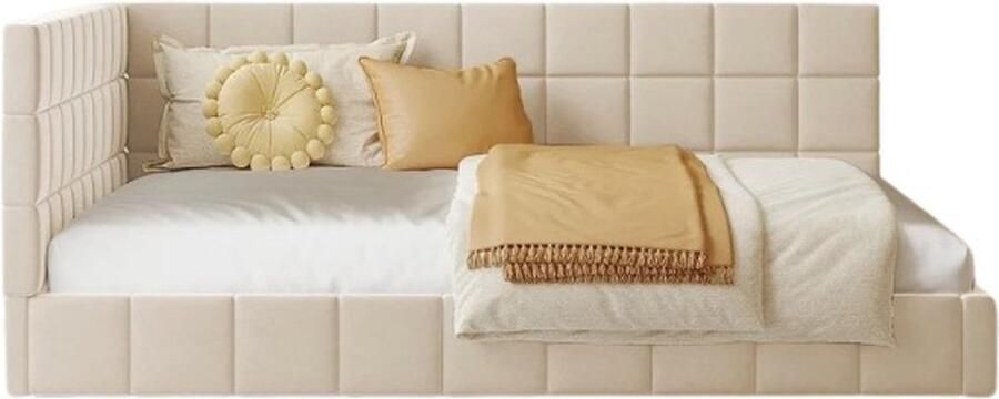 Stemily Bed Twijfelaar Slaapbank Fluwelen Bekleding Beige Matras x 200 cm (matras niet inbegrepen) 206 x 147 cm x 62 5 cm - Foto 2