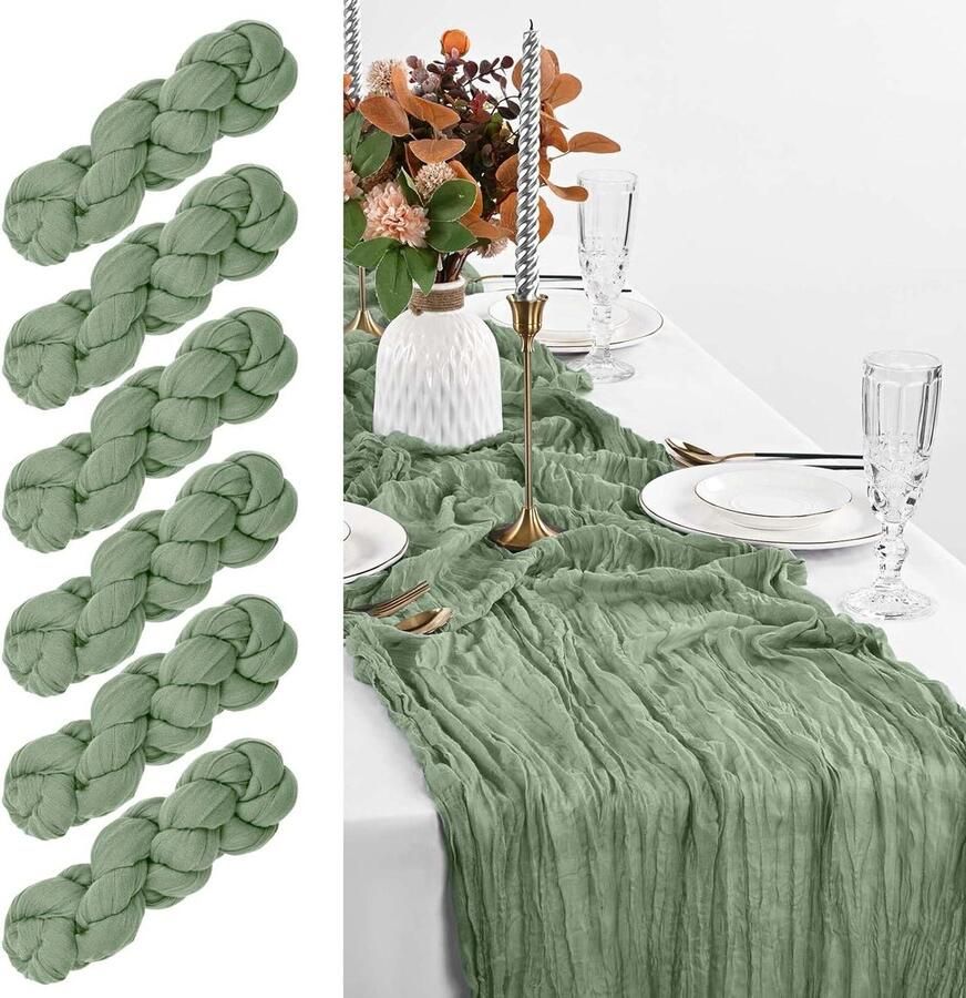 Saliegroen Rustiek Kaasdoek Tafelkleed Tafelloper Set van 6 Voor Bruiloft 35 x 120 cm