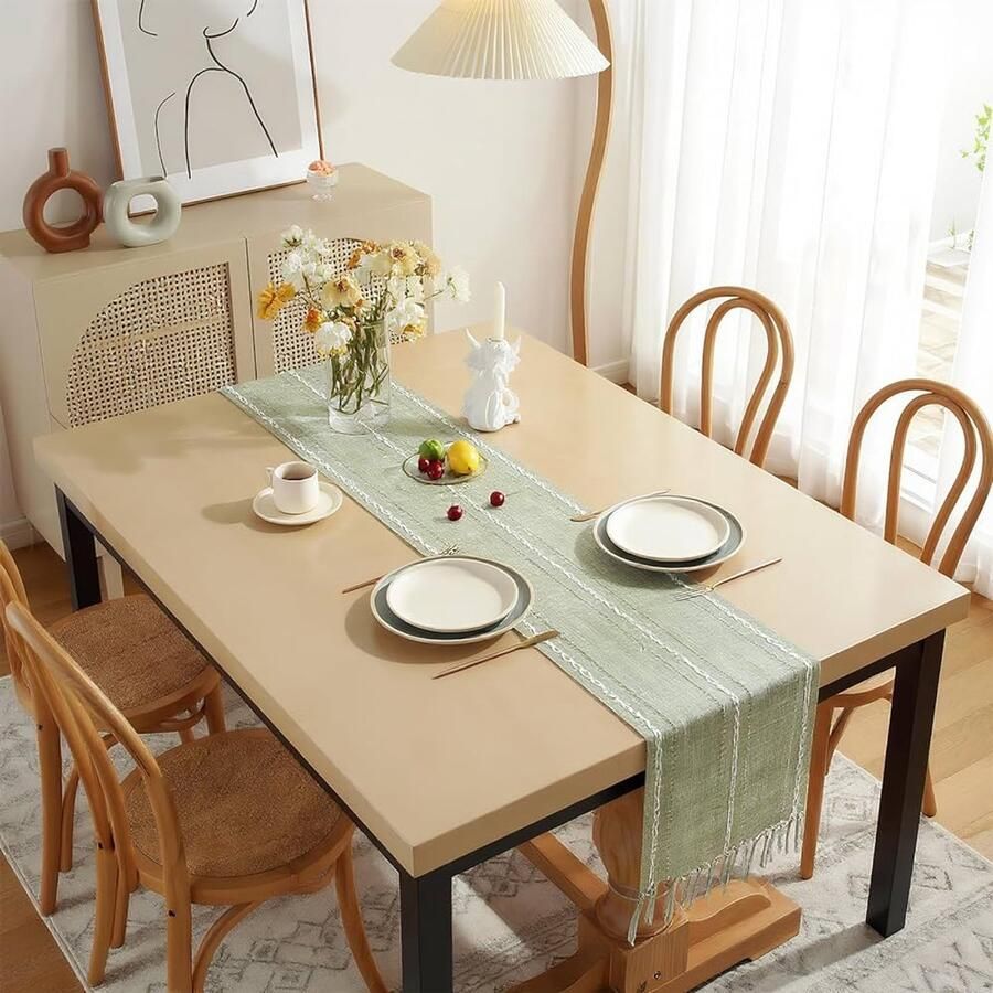 Saliegroen Tafelloper met Kwastjes Boho Tafelkleed Wasbaar Polyester