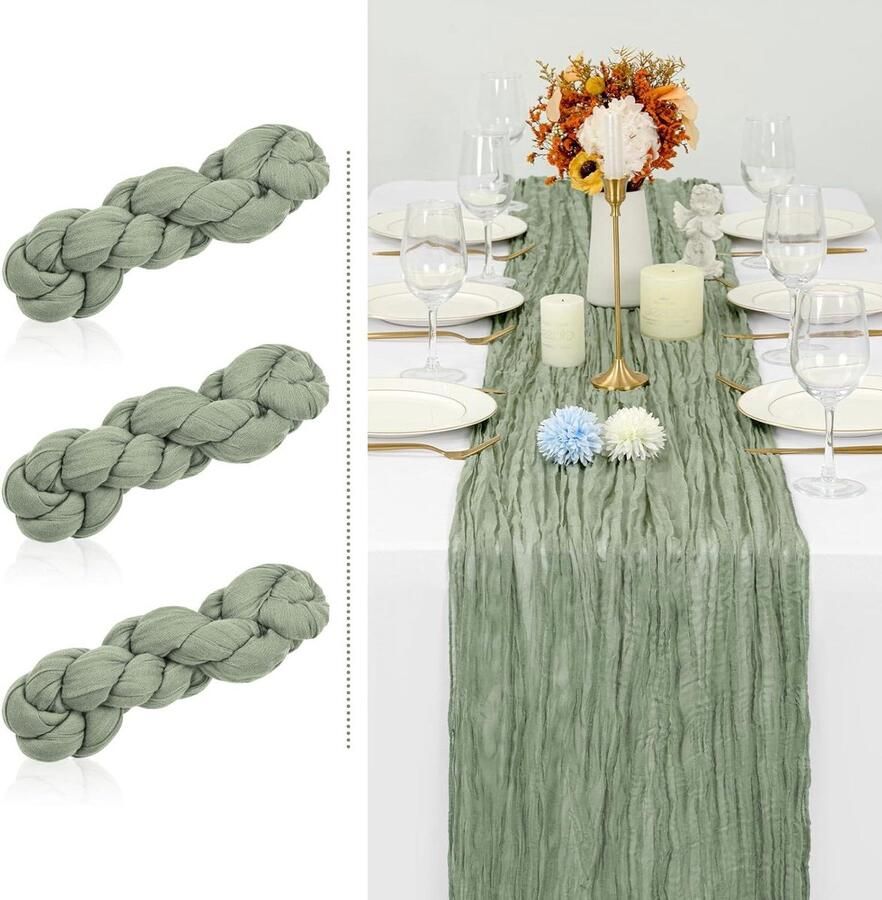 Saliegroene kaasdoek tafelloper 13FT lang Boho of rustieke bruiloftstafeldecoratie Bruidsdouche
