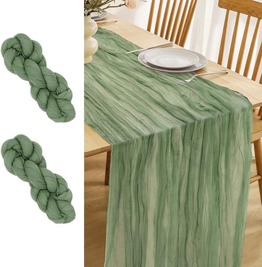 Saliegroene kaasdoektafellopers set van 2 multifunctioneel 90 x 300 cm