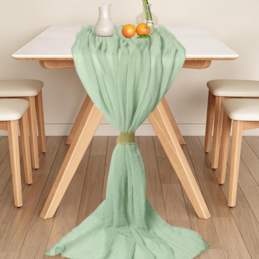 Saliegroene rustieke kaasdoek tafellopers voor boho bruiloft semi-doorschijnend set van 4