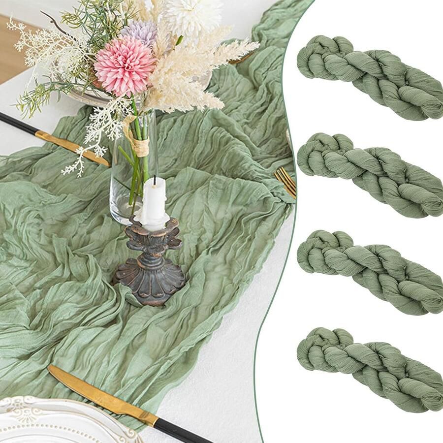 Saliegroene Tafelloper Boho-stijl 4 Stuks 90 x 300 cm Rustieke Gaasstof