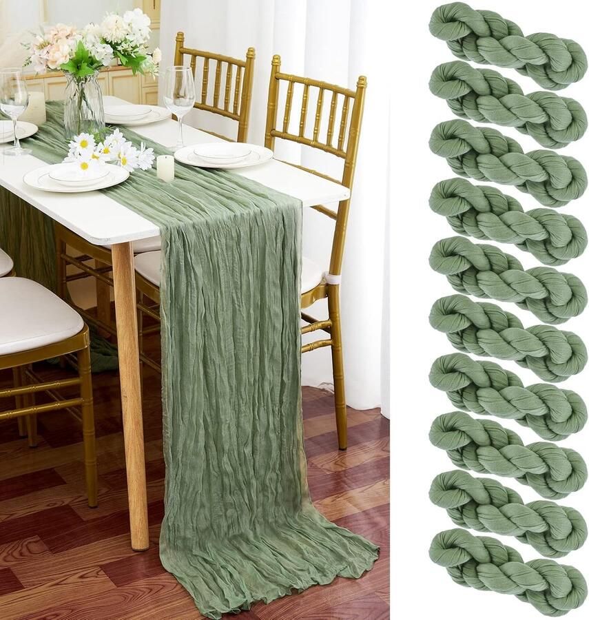 Saliegroene Tafellopers Set van 10 Katoen en Linnengaas 89 cm breed