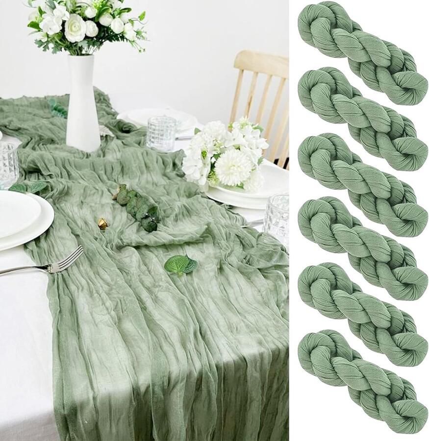 Saliegroene Tafellopers Set van 6 100% Zijde 90 x 300 cm