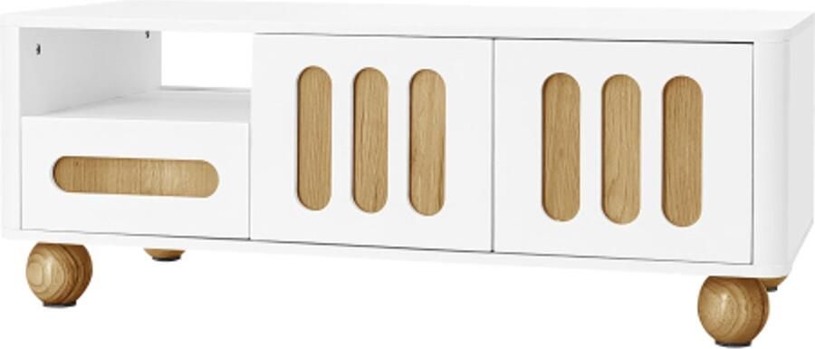 Zonder merk Gotagee Salontafel 105x50x40 cm wit en houtlook met 4 deuren 2 laden en open vak LED-verlichting afgeronde hoeken bolvormige tafelpoten veelzijdige opbergruimte