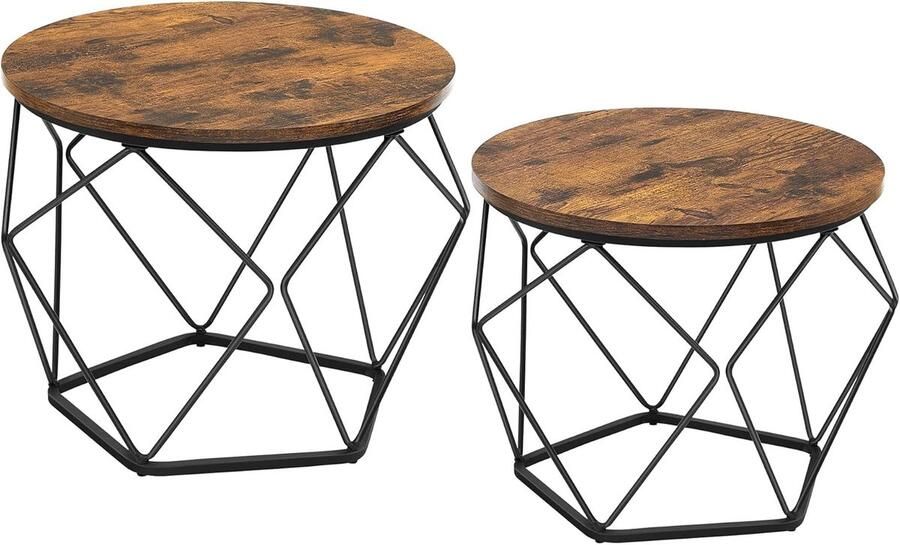 Salontafel 2-delig bijzettafel koffietafel nachtkastje stevig en duurzaam met geometrische metalen onderstellen geschikt voor woonkamer en slaapkamer 60 x 60 x 45 cm + 50 x 50 x 40 cm bruin + zwart