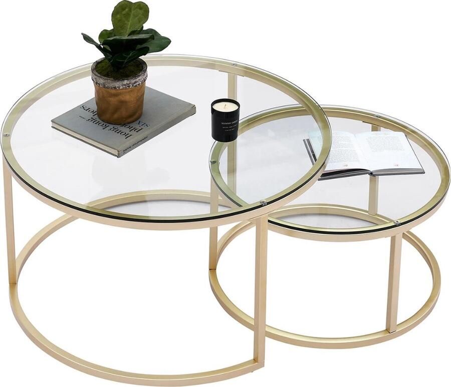 Salontafel 2 in 1 goud met gehard glas Glazen woonkamer tafel Nachtkastje Multifunctionele tafel diameter 80cm en 60cm Metaal frame goudkleur Glas