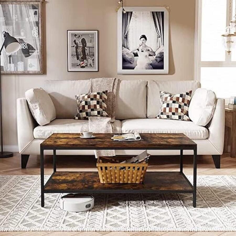 Salontafel 2-laags met open opbergplank Moderne industriële stijl Metalen frame Verstelbare tafelpoten Waterdicht bureaublad Rustiek bruin 110x60x45cm