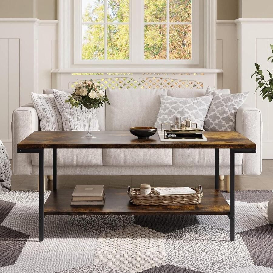 Salontafel 2-laags met open opbergplank moderne industriële stijl waterdicht bureaublad rustiek bruin 110x60x45cm