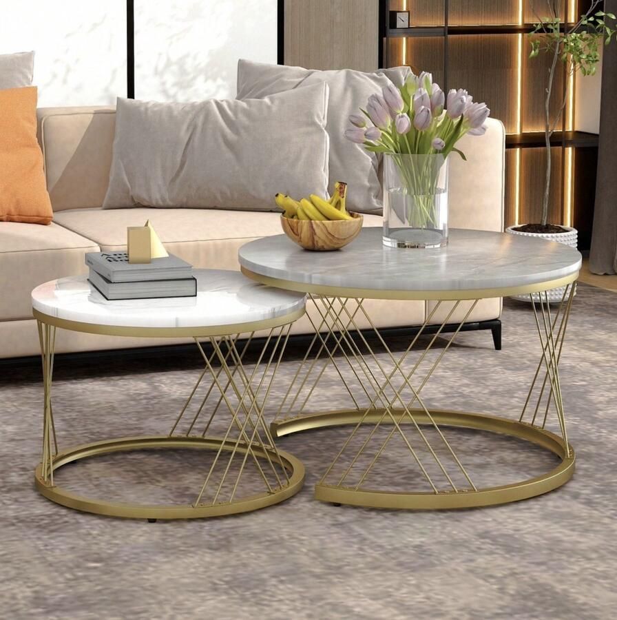 Salontafel 2 stuks Marmeren Goud Wit Grijs