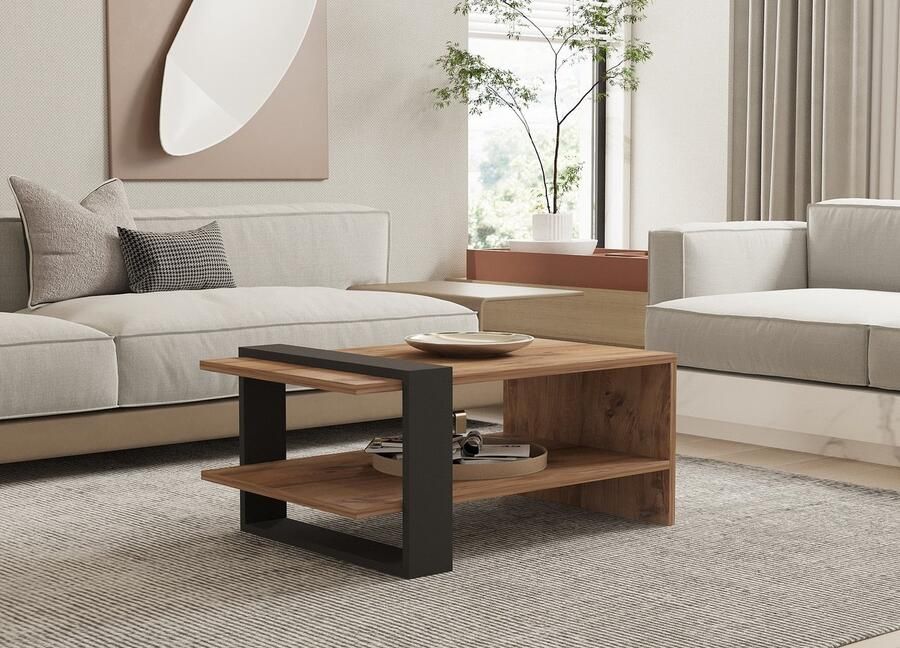 Emob Salontafel Antraciet & Eiken 80x35x55cm Stijlvolle Melamine Afwerking - Foto 2