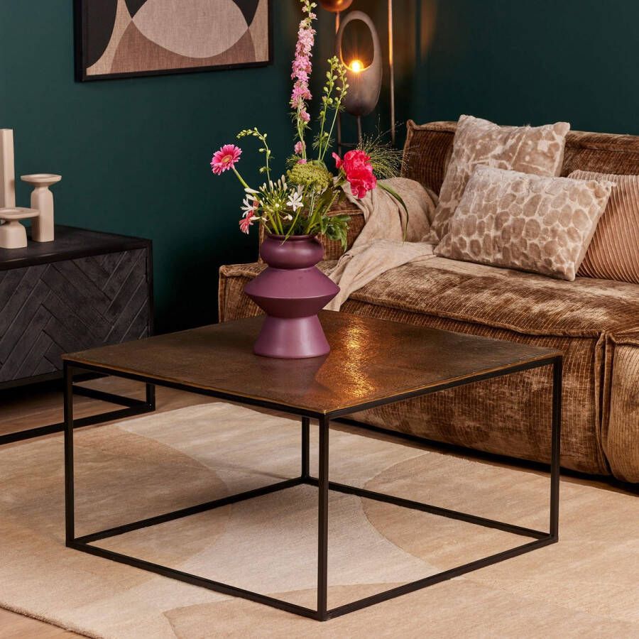 Old Inn Wonen Old Inn Kaylee -Salontafel Bijzettafel Aluminium Zwart Goudkleurig Ijzeren Poot 50x50x40cm