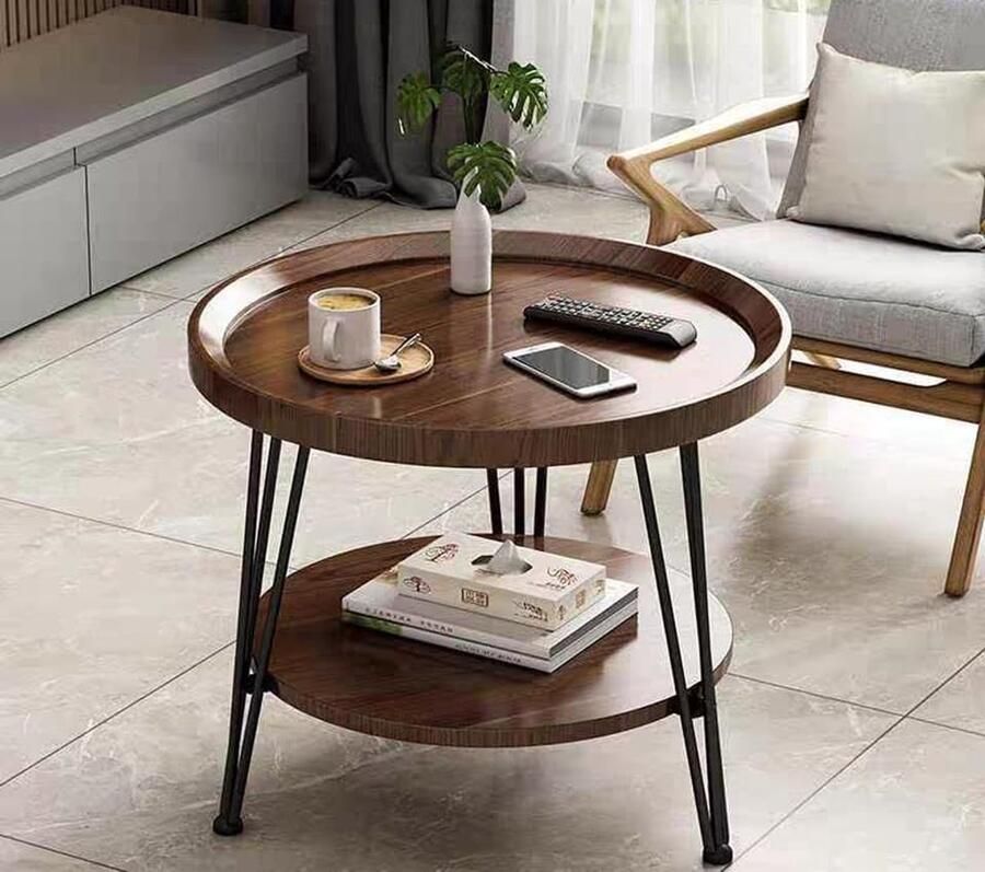 Salontafel Bijzettafel Koffietafel Woonkamertafel met 2 etages Hout Rond Tafelblad Metaalen Poten Duurzaam Stabiel Ø50 x 60 cm Hout & Zwart