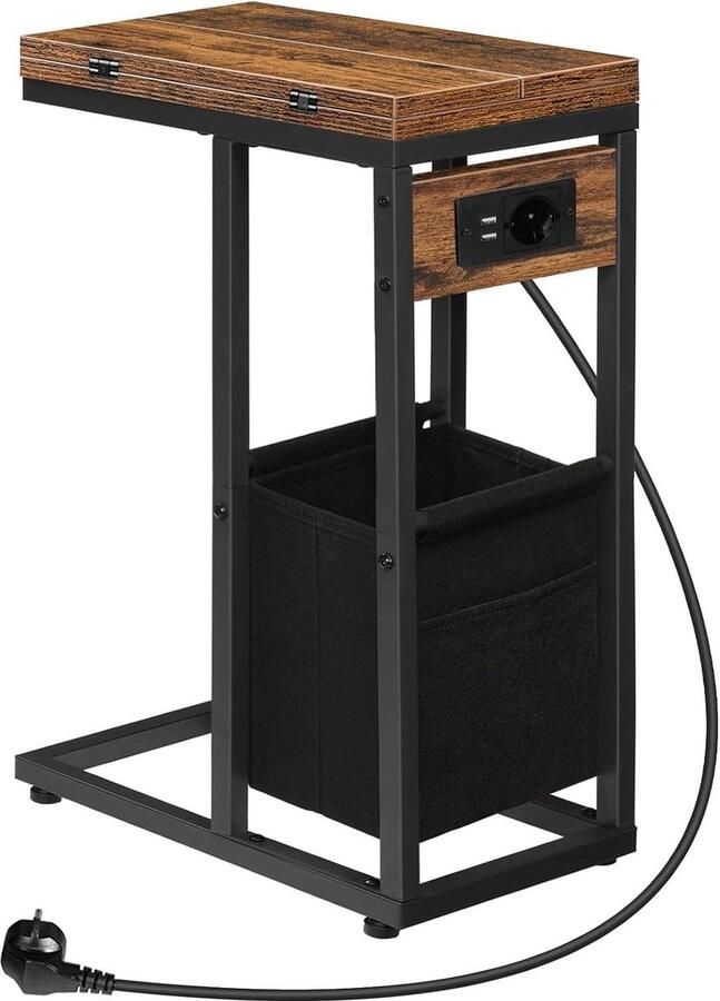 Salontafel Bijzettafel laadstation C-vorm inklapbaar stoffen tas nachtkastje stopcontact 2 USB-poorten woonkamer vintage bruin zwart EBF30CSF01