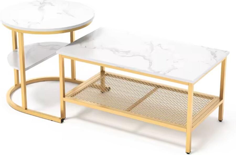 Salontafel Bijzettafel Set van 2 Luxe Marmer Look Goud Rond Vierkant