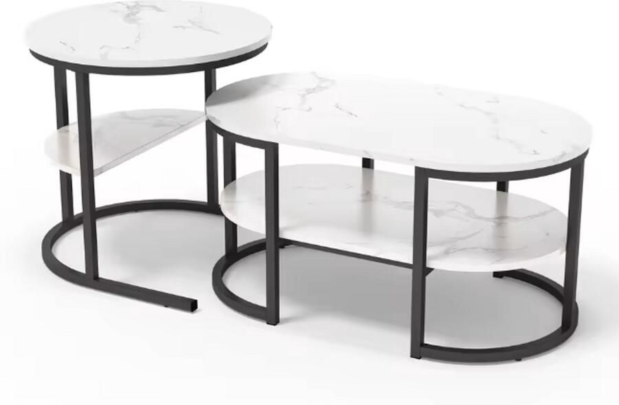 Salontafel Bijzettafel Set van 2 Luxe Marmer Look Zwart Rond Ovaal