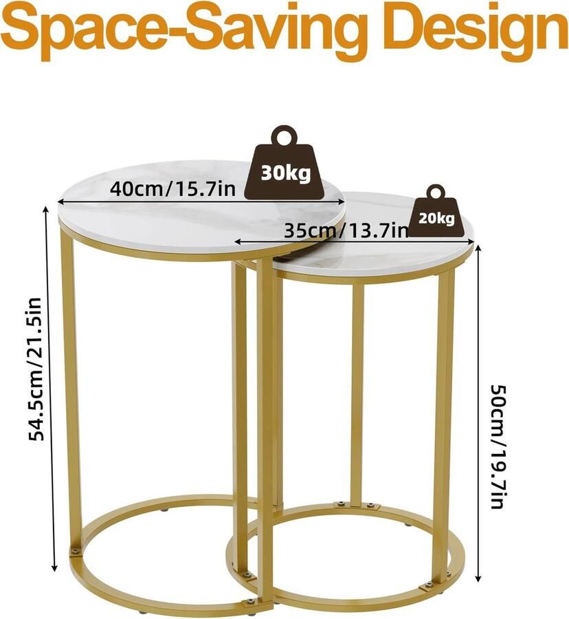 Salontafel Bijzettafel Tafel Marmer Rond Set van 2 Goud Wit
