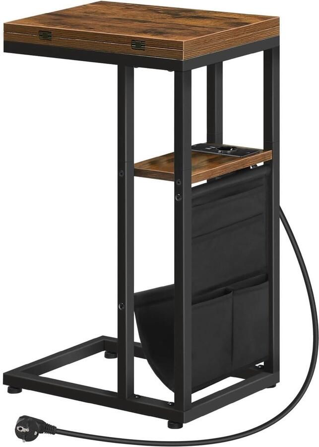 Salontafel C-vorm Bijzettafel met laadstation en opbergtas Vintage bruin en zwart