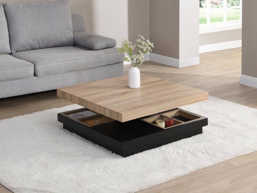 Vente-unique Salontafel Draaibaar tafelblad Zwart en naturel gelakt mdf FAUSTO L 80 cm x H 34 cm x D 80 cm