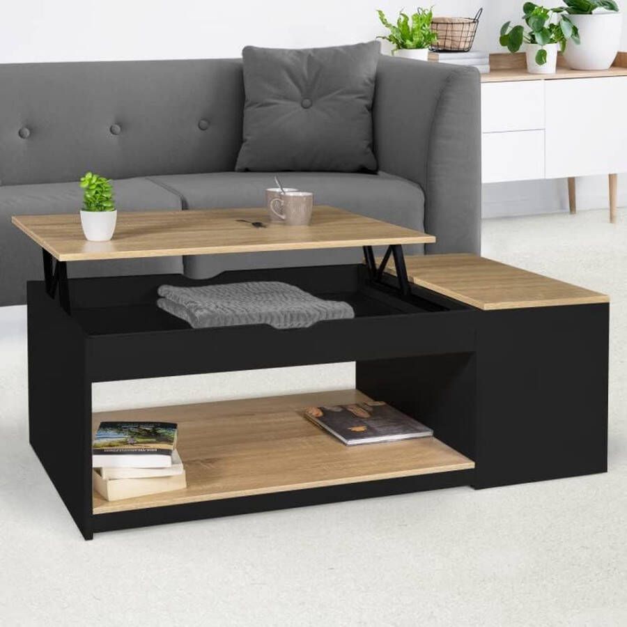PolkaHome Salontafel ELEA hefblad met houten kist zwart en beukenlook