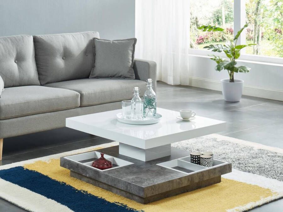 Salontafel FAUSTO II Draaiblad Wit gelakt mdf en beton L 80 cm x H 34 cm x D 80 cm
