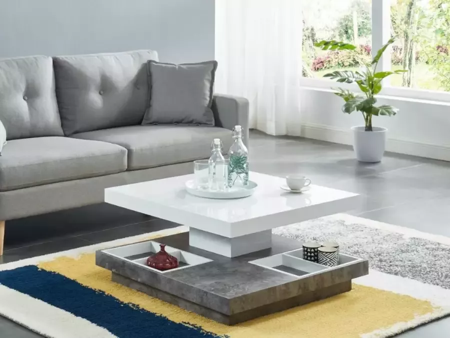 Salontafel FAUSTO II Draaiblad Wit gelakt mdf en beton L 80 cm x H 34 cm x D 80 cm