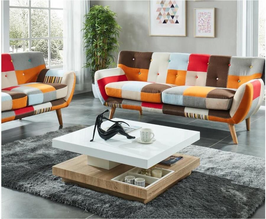 Vente-unique Salontafel FAUSTO II Draaiblad Wit gelakt mdf en eiken L 80 cm x H 34 cm x D 80 cm