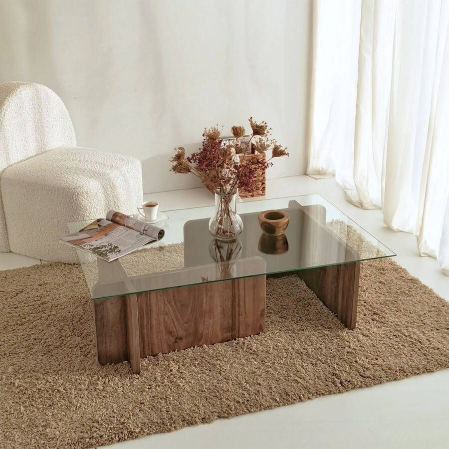 Salontafel glas hout walnoot 105x30x65cm gehard glass Retro bijzettafel glas