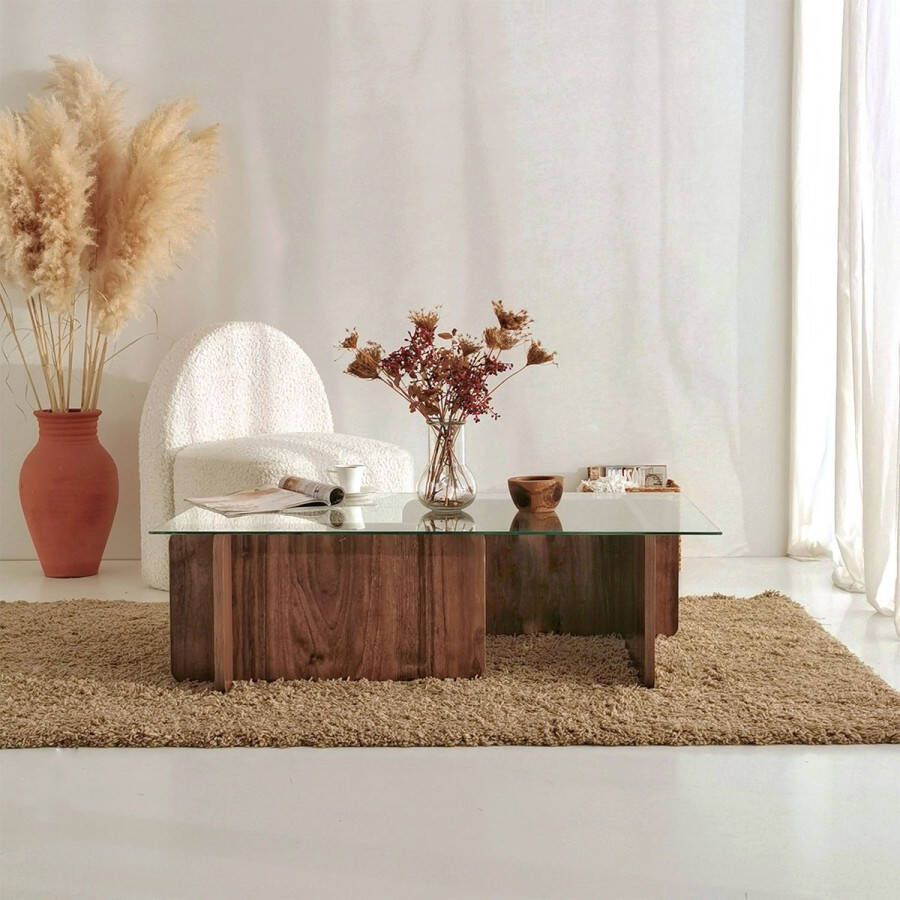 Perfecthomeshop Salontafel glas hout walnoot 105x30x65cm gehard glass Retro bijzettafel glas