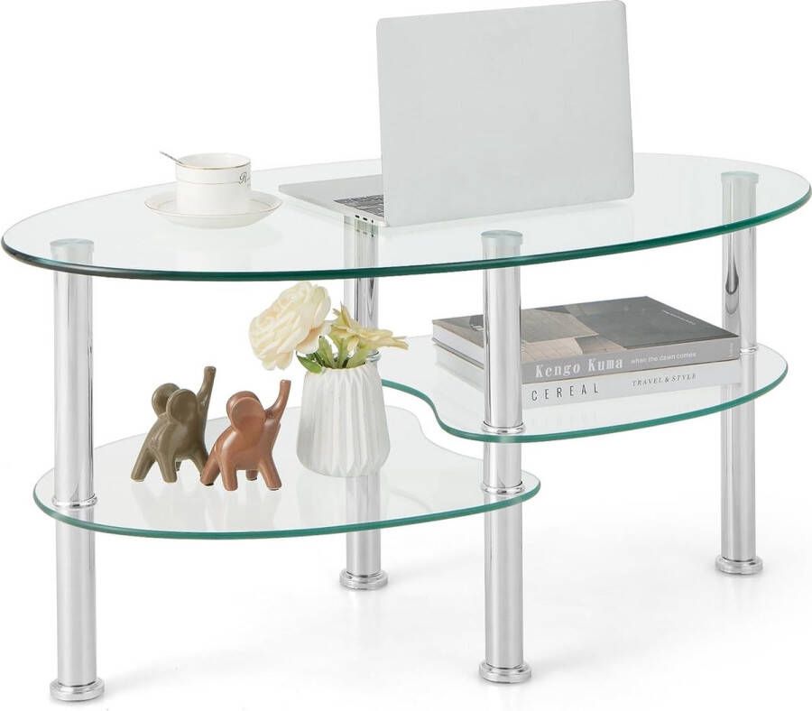 Salontafel glas ovaal woonkamertafel met 2 planken koffietafel bijzettafel voor woonkamer 89 x 50 x 45 cm