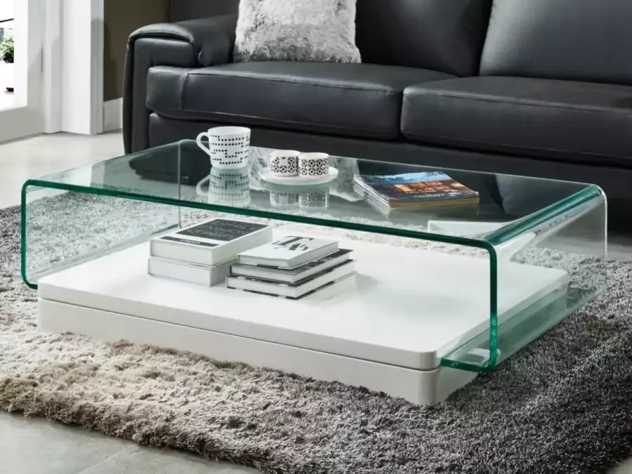 Vente-unique Salontafel GLOSSIE Gebogen glas & wit gelakt MDF L 120 cm x H 33 cm x D 70 cm - Foto 3