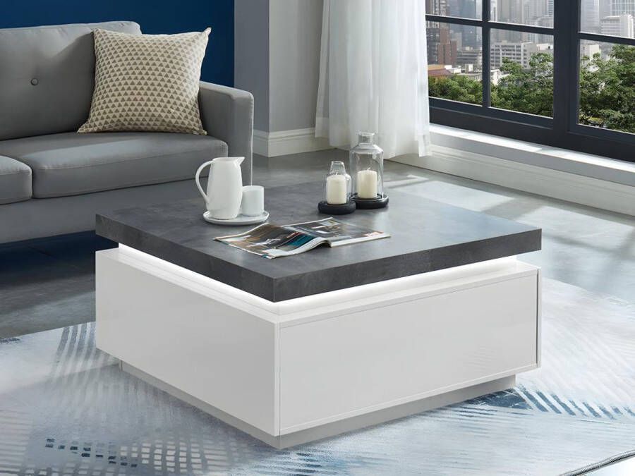 Vente-unique Salontafel HALO II 2 lades Gelakt MDF Met LED-verlichting Wit en beton L 90 cm x H 45 cm x D 90 cm