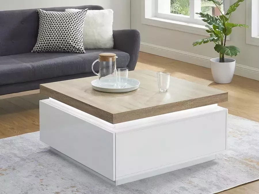 Vente-unique Salontafel HALO II 2 lades Gelakt MDF Met LED-verlichting Wit en eiken L 90 cm x H 45 cm x D 90 cm - Foto 3