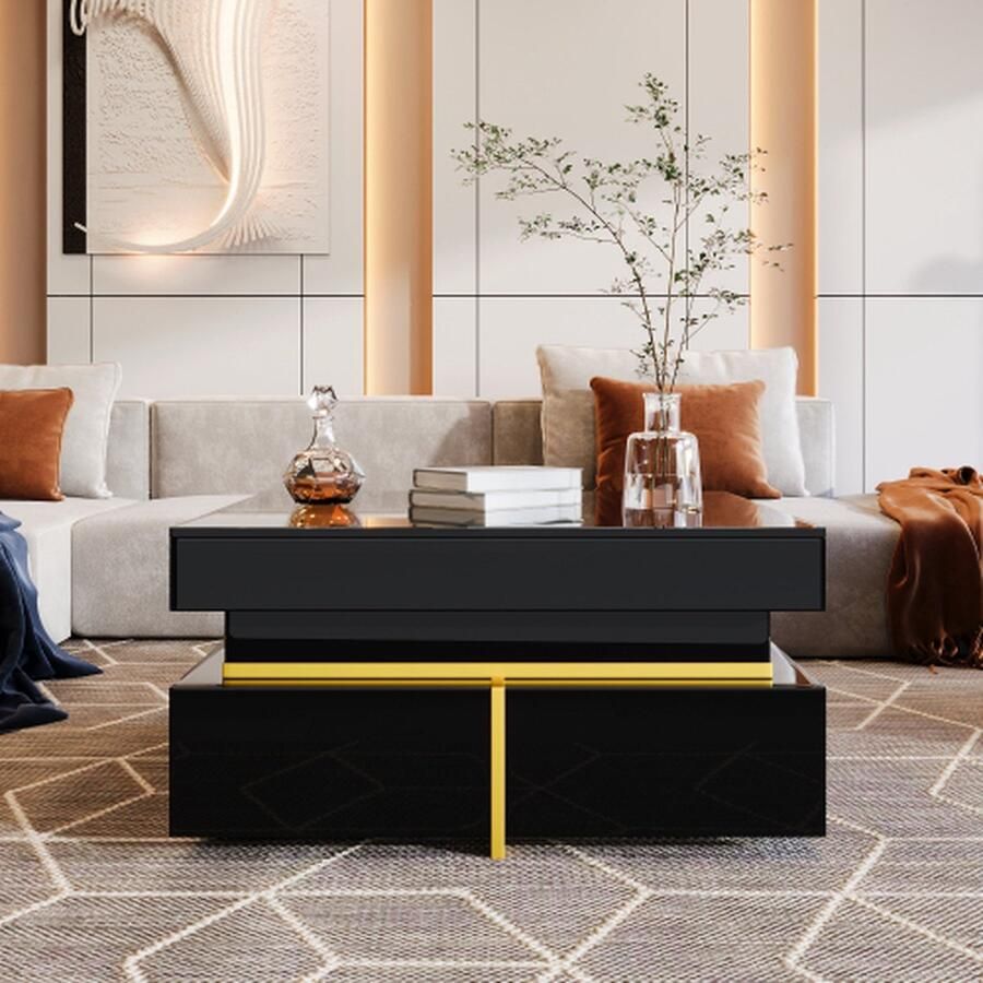 Zonder merk Gotagee Salontafel Hoogglans Woonkamer Tafel Zwart Bijzettafel Met Lade En Gouden Accenten - Foto 2