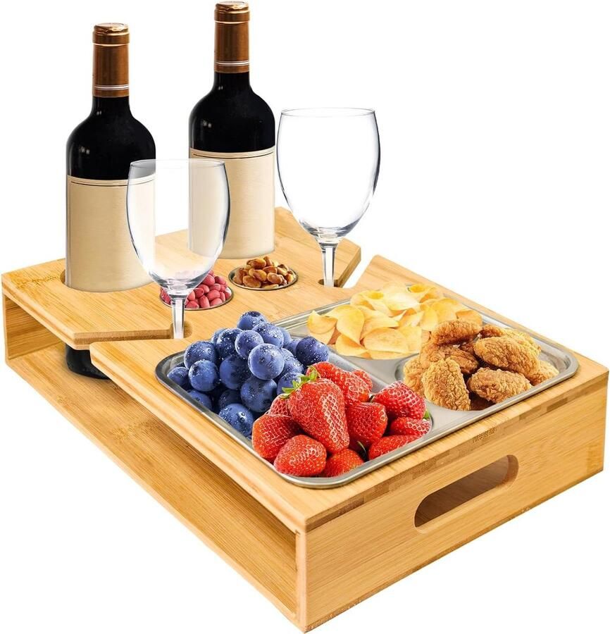 Houten snackdispenser 3 snackschalen 2 grote bekerhouders bankorganizer bijzettafel salontafel