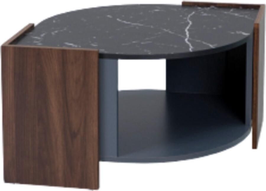 GOTAGEE Salontafel in contrasterende kleuren. Woonkamertafel gestructureerd marmer en notenhout een open opbergvak