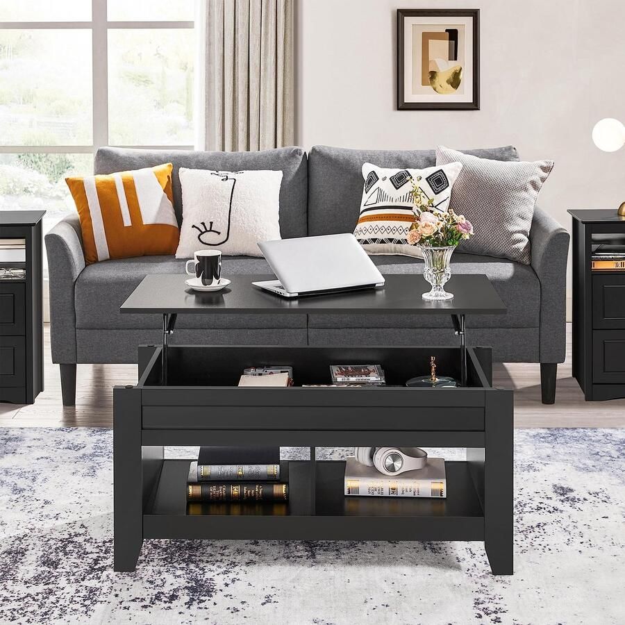 Salontafel in hoogte verstelbaar bijzettafel woonkamertafel met opbergvak houten banktafel lift-up koffietafel voor woonkamer zwart