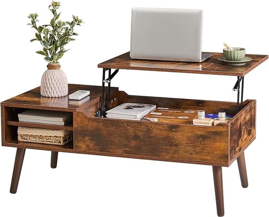 Retadou Salontafel in hoogte verstelbaar koffietafel uittrekbare woonkamertafel apart verborgen opbergvak voor woonkamer kantoor vintage bruin