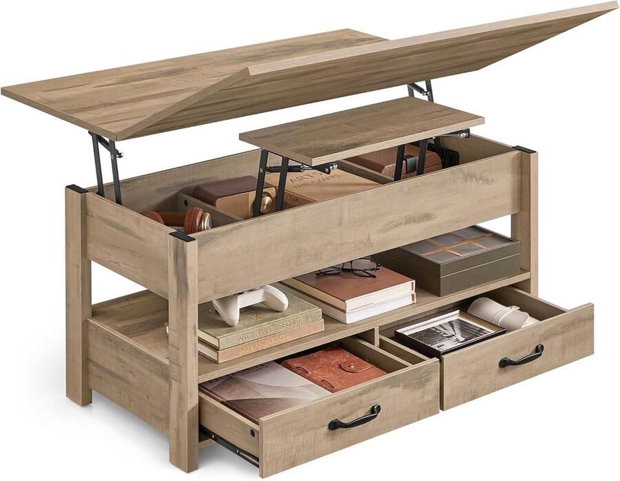 Salontafel in hoogte verstelbaar met gascilinder 2 laden 3 verborgen vakken en 1 open vak moderne koffietafel voor woonkamer of thuiskantoor camelbruin