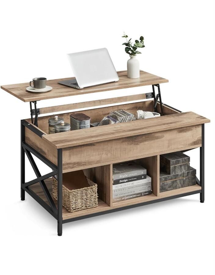 Salontafel in hoogte verstelbaar open en verborgen opbergruimte voor woonkamer kruisbeugels 60 x 100 x 48-62 cm camelbruin-zwart